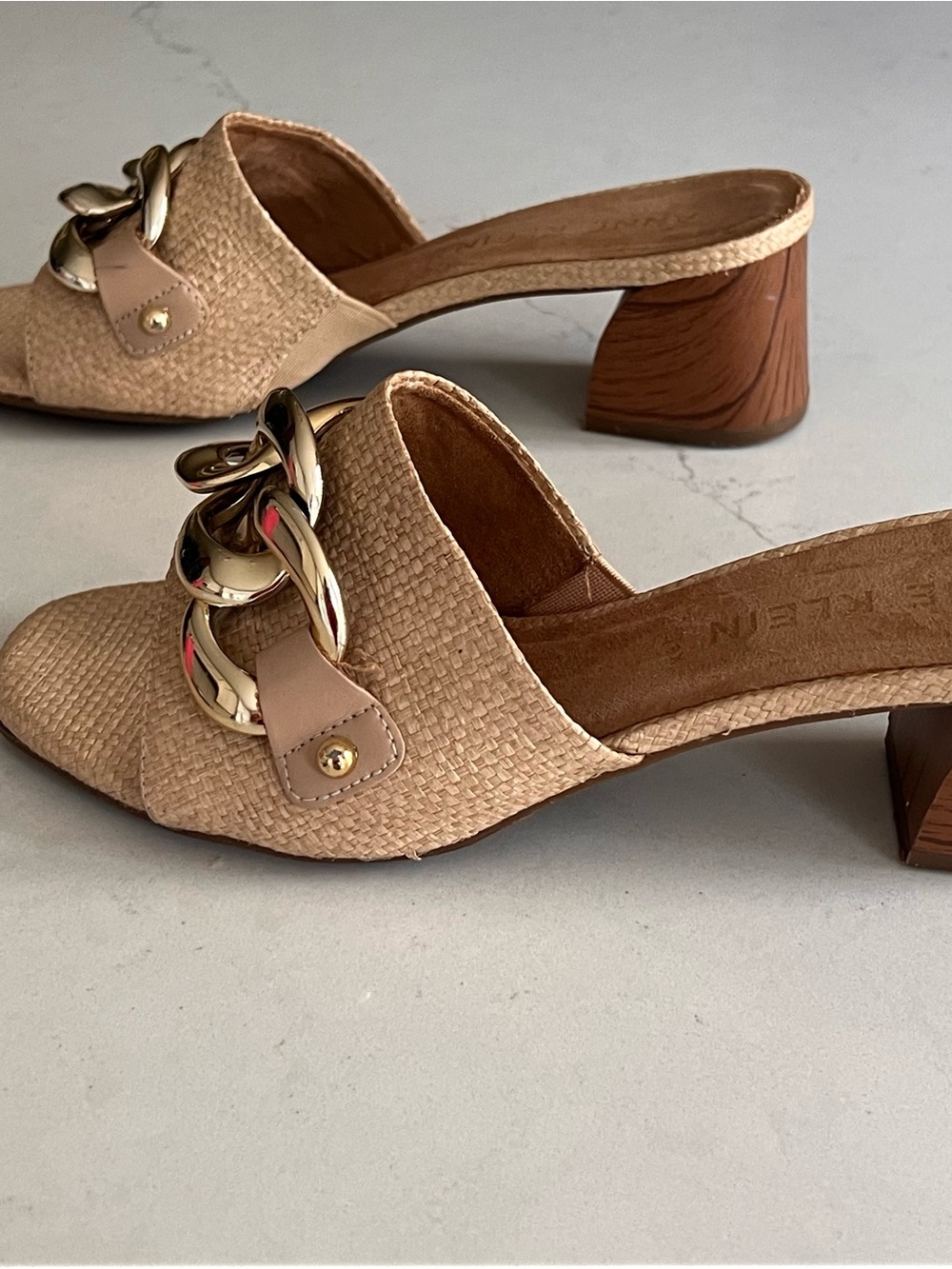 Anne Klein Beige Woven Slide Mules with Gold Chain